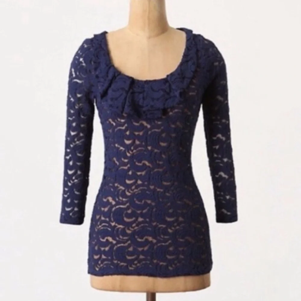 Anthropologie Postmark | Sessile Harvest Lace Top Ruffle Blue Size XS - Picture 2 of 7